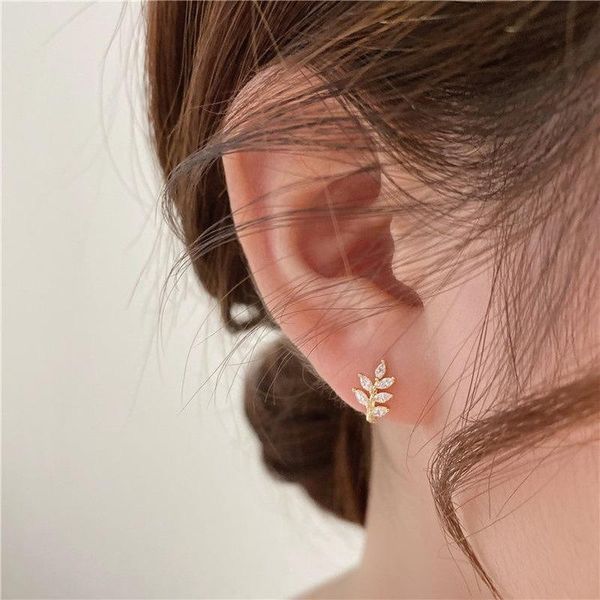 

hoop & huggie glittering zircon leaf buckle earrings for women vintage exquisite small girl's fashion jewelry party accessories, Golden;silver