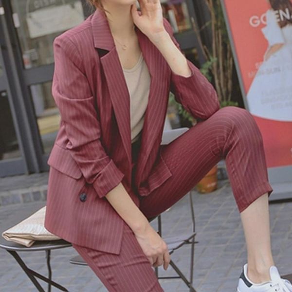 

women spring sets work pant suits 2 piece striped long sleeve blazer jacket+trouser office suit autumn ladies fashion set women's track, Gray