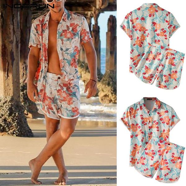 

men's tracksuits incerun fashion short sleeve button zipper shorts suits summer men printed hawaiian beach sets man vocation floral 5x, Gray