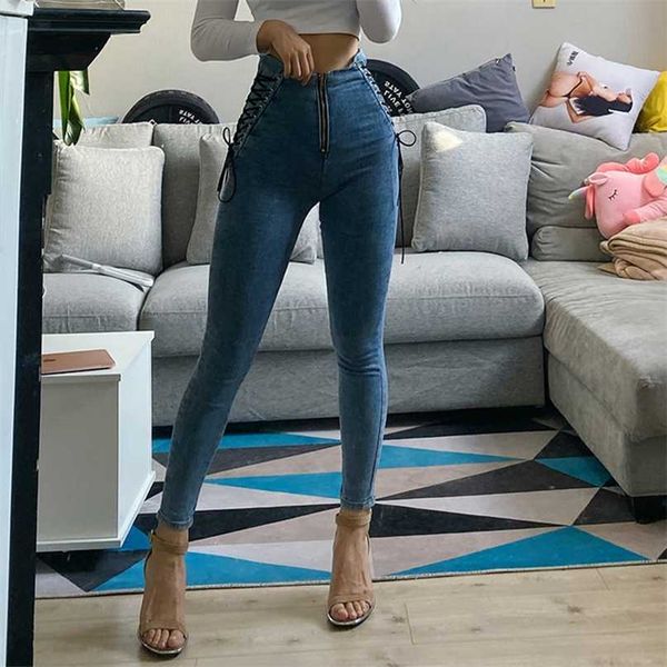 

net red high waist strap zipper jeans woman spring korean version of the large size slim pencil nine points pants 211129, Blue