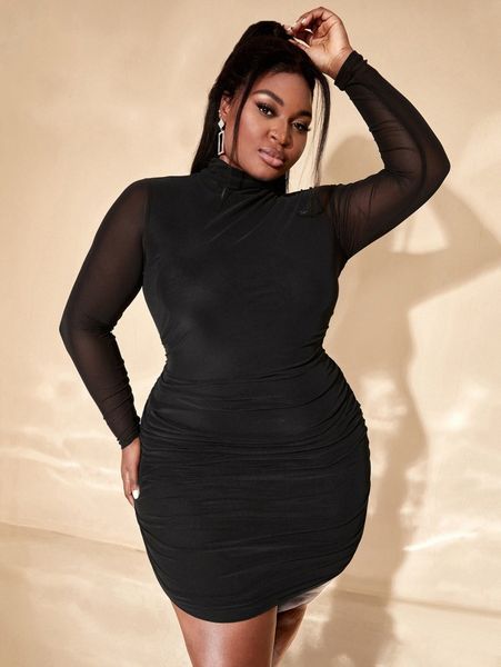 

sxy plus mock neck ruched mesh dress 16zv#, Black