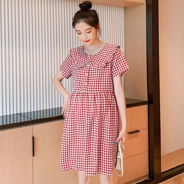 

maternity dresses summer pregnant women's short sleeve plaid cotton dress sweet turn-down collar pregnancy clothes, White