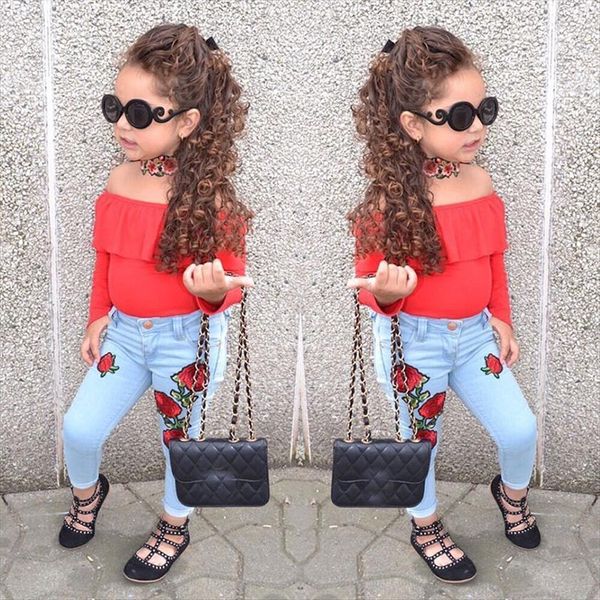 

fashion kids clothes girls outfits summer toddler girl set cotton red jeans children suit 1 6 years, White