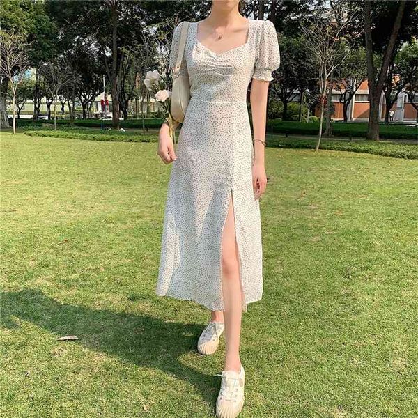

polka dot dress summer split dress puff sleeve high waist elegant vestidos mujer plus size dresses summer puff sleeve cloth 210331, Black;gray