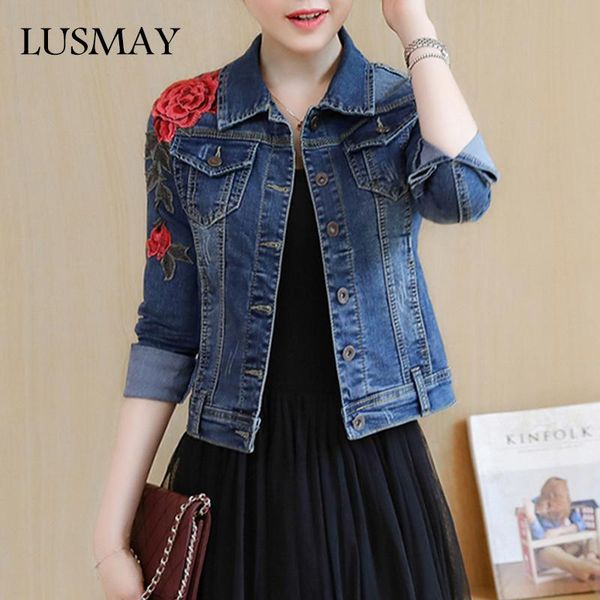 

women's jackets embroidery long sleeve denim jacket women coat fashion 2021 pockets cotton short female casual outwear coats blue, Black;brown