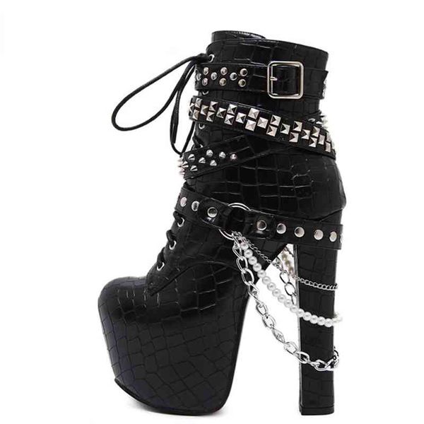 

botas con remaches y cadenas de metal para mujer, zapatos al tobillo, tacn sper alto, con cremallera, botinese plataforma,, Black