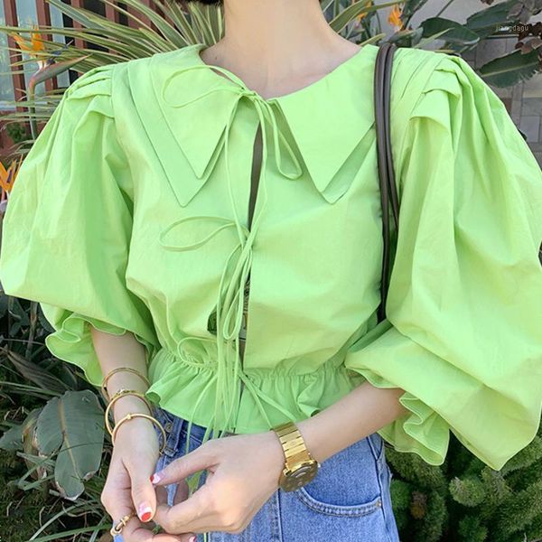 

women's blouses & shirts [ewq] korea chic casual trend women solid color lapel tie blouse fashion loose puff sleeve shirt summer 2021 1, White