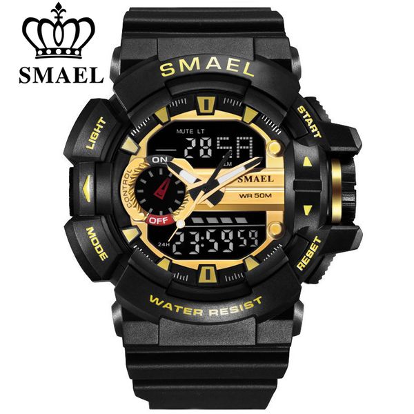 

smael brand led digital mens military watch men sports watches 3atm fashion outdoor casual men dual display golden wristwatch x0524, Slivery;brown