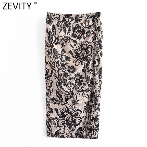 

zevity women floral print pleated design split a line skirt faldas mujer femme side zipper casual slim summer vestido qun761 210621, Black