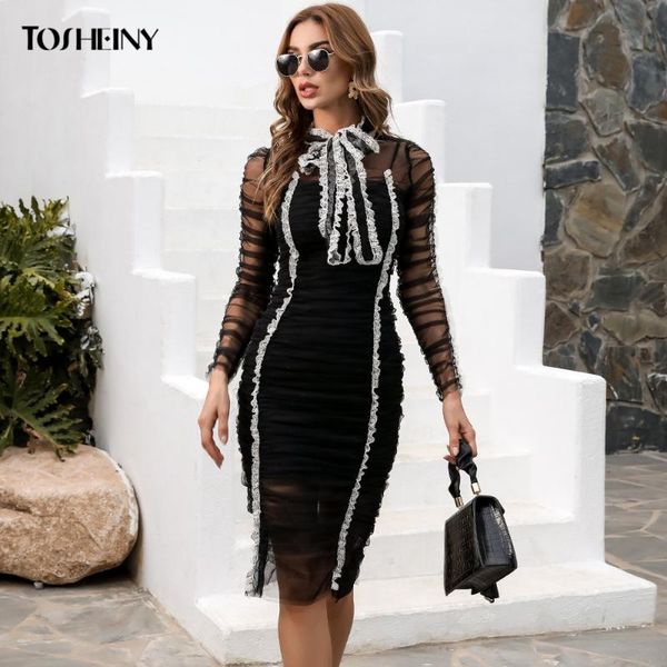 

casual dresses tosheiny women bodycon midi fashion bandage long sleeve night club party dress vestidos th8954, Black;gray