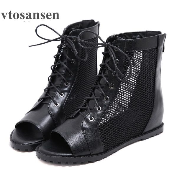 

boots shoes summer women black height increasing peep toe footwear woman on mesh rome style 2021 drop