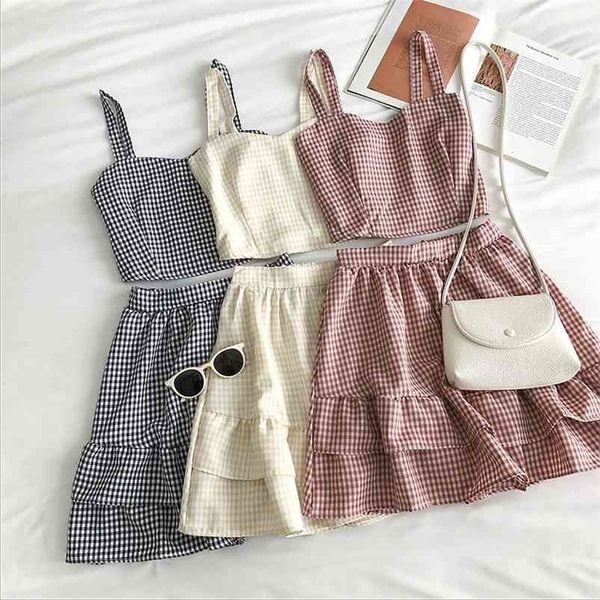 

heliar sets women two pieces sets elastic spaghetti plaid and ruffles skirts outfits female summer cute sets for women 210730, White
