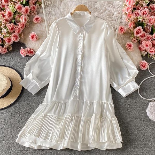 

casual dresses french chic vintage shirt dress long sleeve patchwork satin women office vestidos boho knee length vestido, Black;gray