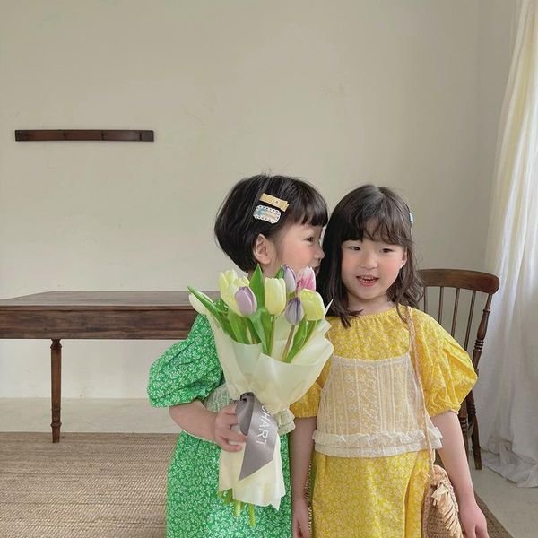 

summer girls dress korean short sleeve o-neck lace floral casual clothes girl's dresses, Red;yellow