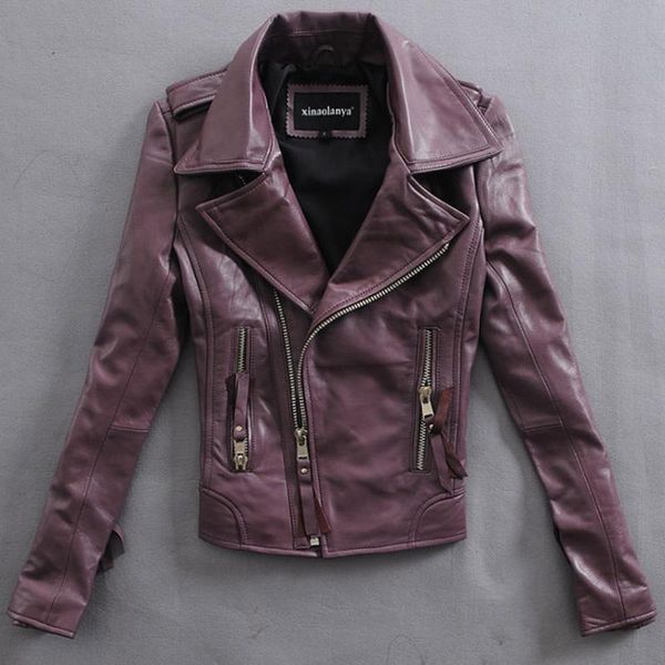 

women's leather & faux fashion soft sheepskin lapel short slim genuine jacket women oblique zipper motorcycle lady purple black red
