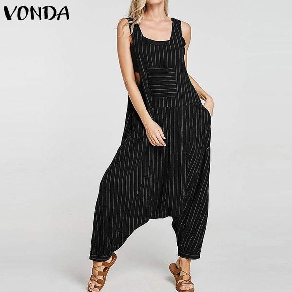 

women's jumpsuits & rompers vonda vintage summer playsuits women casual striped loose bohemian overalls femme wide leg long pants plus, Black;white