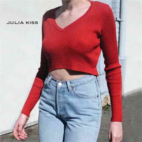

women ribbed v-neck long sleeve crop sweater fitted knit 210512, White