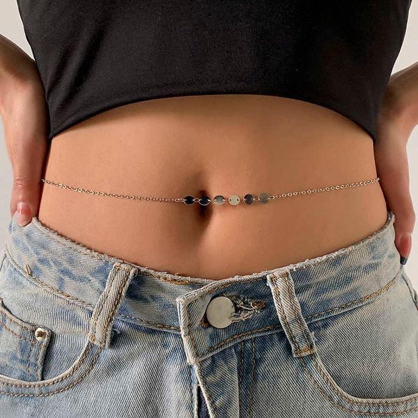 

lacteo steampunk metal sequins belt waist chain jewelry for women hip hop single layer aluminum material summer body chain p0811, Silver