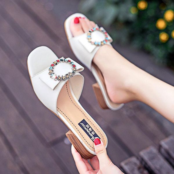 

summer mid-heel square-toe thick heel rhinestone slippers, Black