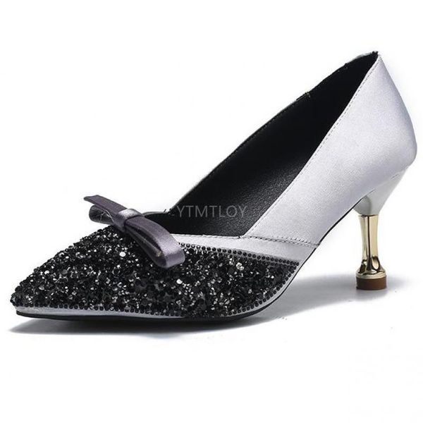 

fashion bling metal heel women pumps sweet bowknot pointed toe zapatos de mujer plataforma bride shoes dress, Black