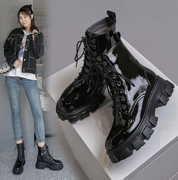 

boots grace2021 muffin thick soled women autumn winter lace up slope heel short patent leather british, Black