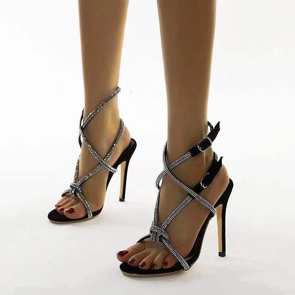 

sandals black bling crystal for women open toe rhinestone strap cross high heel wedding dress shoes psgl