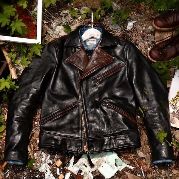 

men's leather & faux horse tea core lapel trolley jacket, Black