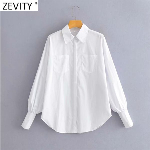 

women basic double pockets patch lantern sleeve casual breasted shirt female white blouse roupas chic chemise ls9055 210420