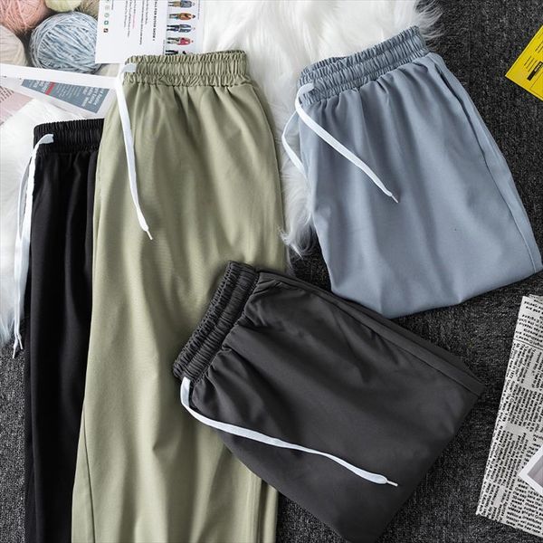 

pr korean ice silk spring women pant cool stright elastic waist trousers girls long, Black;white