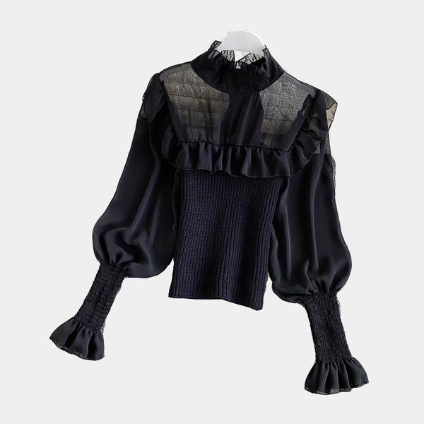 

women's blouses & shirts spring 2021 knitwear ladies lace pullover sweater slim fit holes high collar horn long sleeves bottomed fa, White
