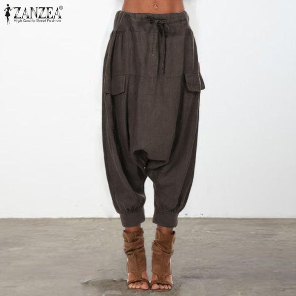 

women's pants & capris s 5xl zanzea women turnip pantalons casual long drop-crotch trousers vintage solid elastic waist harem female st, Black;white
