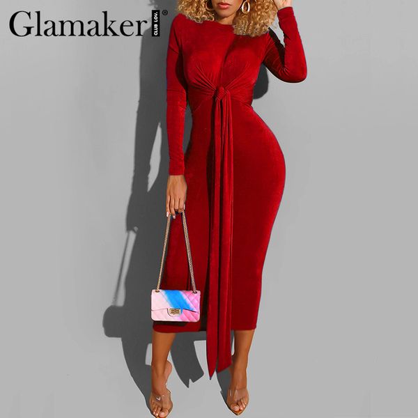 Glamaker veludo vintage vermelho bodycon vestido mulheres noite outono preto manga comprida vestido elegante lace up ladies vestido retro 210412