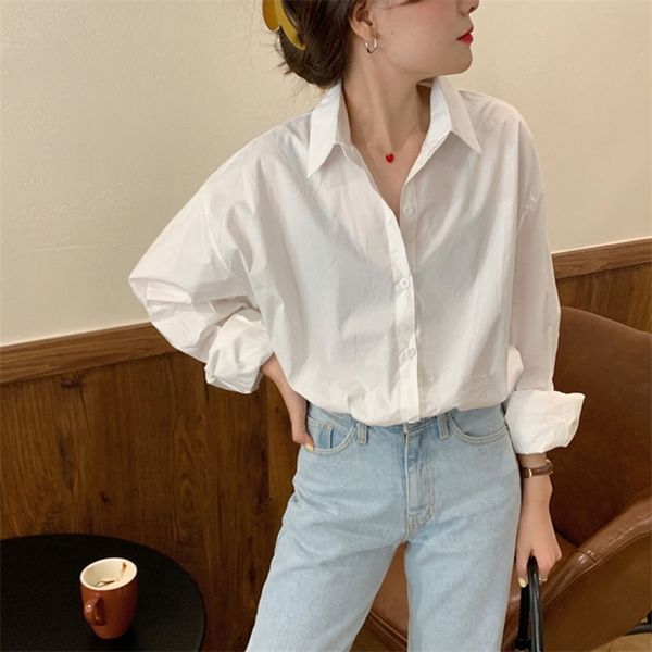 

women's spring autumn blouse korean open back pleated lapel single-breasted slim loose long-sleeved female gx389 210507, White