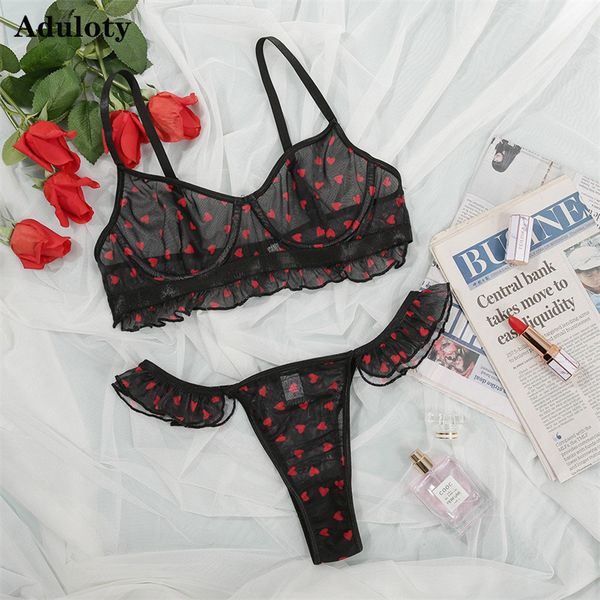 

womens heart-shaped polka-dot underwear set lotus leaf lace underwire gather bra mesh see-through erotic lingerie thong, Black;white