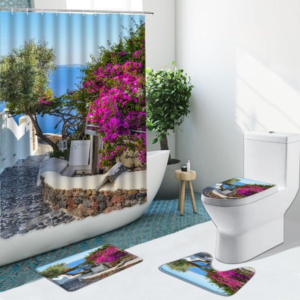 

shower curtains european style street view flower sea curtain green plants non-slip flannel rugs toilet cover bathroom set bath mat decor