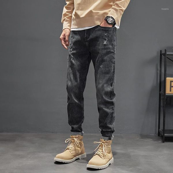 

men's jeans ly designer fashion men retro black gray elastic slim ripped korean style vintage casual pencil denim pants, Blue