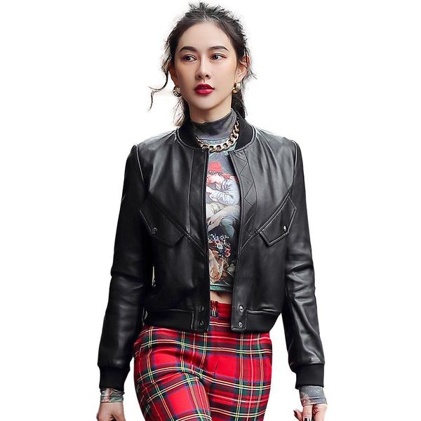 

women's leather & faux ptslan genuine jacket fashion real sheepskin clothes good quality coatp7022, Black