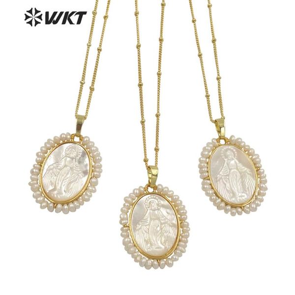 

chokers wt-jn156 est charming tiny pear handmade wire wrapped gold bezel virgin mary shell necklace religious white, Golden;silver