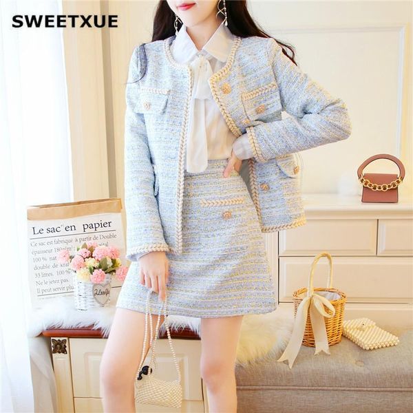

two piece dress sweetxue autumn and winter temperament plaid tweed suit women single-breasted pocket jacket coat+mini skirt 2 set 2021, White