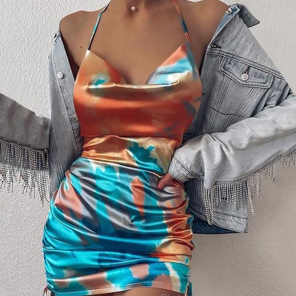 

casual dresses women summer dress tie-dye printed satin lace sling party sleeveless round neck slim night vestido #t1g, Black;gray