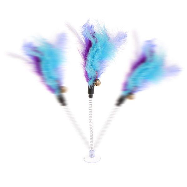 

cat toys feather stick spring suction cup pet teaser funny interactive wand bell