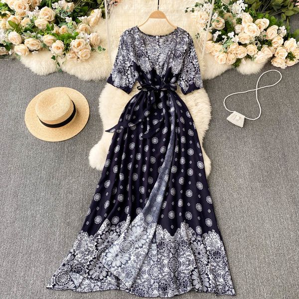 

singreiny women retro print wrap dress v neck short sleeve belt a-line dress summer korean fashion bohemian beach long dress 210419, Black;gray