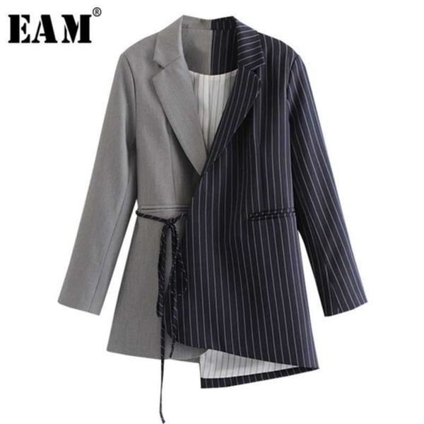 

[eam] loose fit black striped split joint bandage jacket lapel long sleeve women coat fashion tide spring autumn jz065 210928, Black;brown