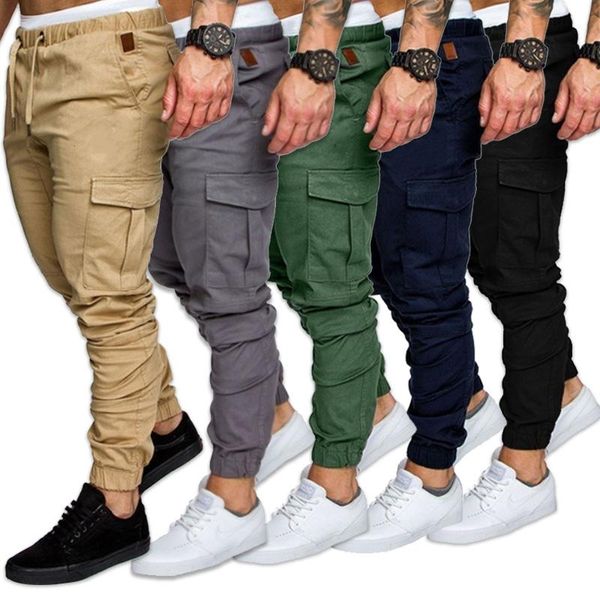 

men's pants men cargo joggers sweatpants solid multi-pocket trousers long, Black