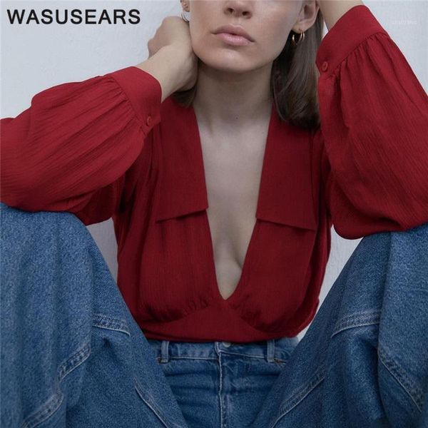

women's blouses & shirts elegant blouse women korean style long sleeve solid color casual deep v neck crop streetwear, White