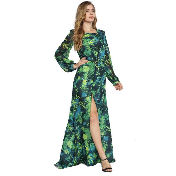 

2021getspring women dress long chiffon dress deep v neck printed summer dress 2021 long lantern sleeve party vintage green dresses, Black;gray