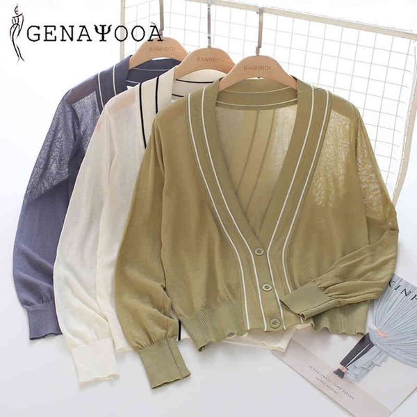 

genayooa thin black solid spring and autumn cardigan femme casual air-conditioned knitted sweater v-neck women 210417, White;black