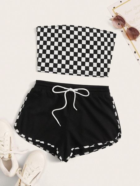 

checker crop tube & drawstring waist dolphin shorts set 54um#, White