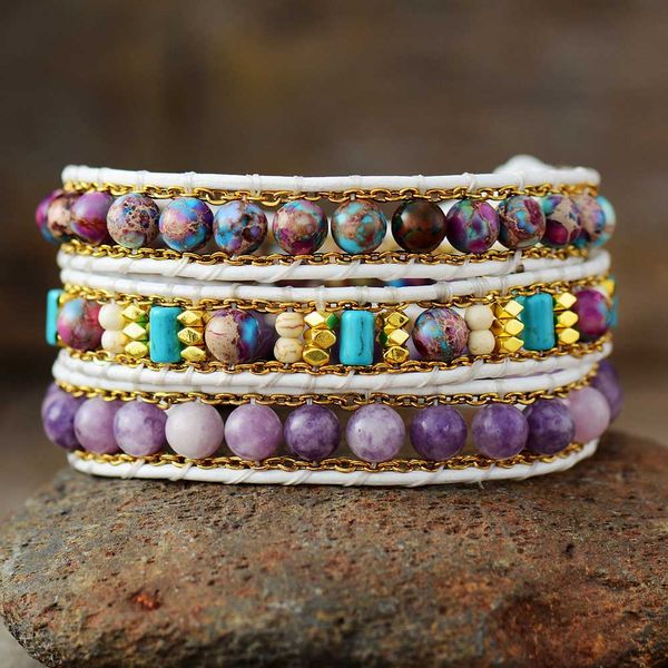 

luxury white teengirls leather wrap bracelets jaspers 3 strands statement purple bracelet handmade bohemian women jewelry bijoux a, Golden;silver