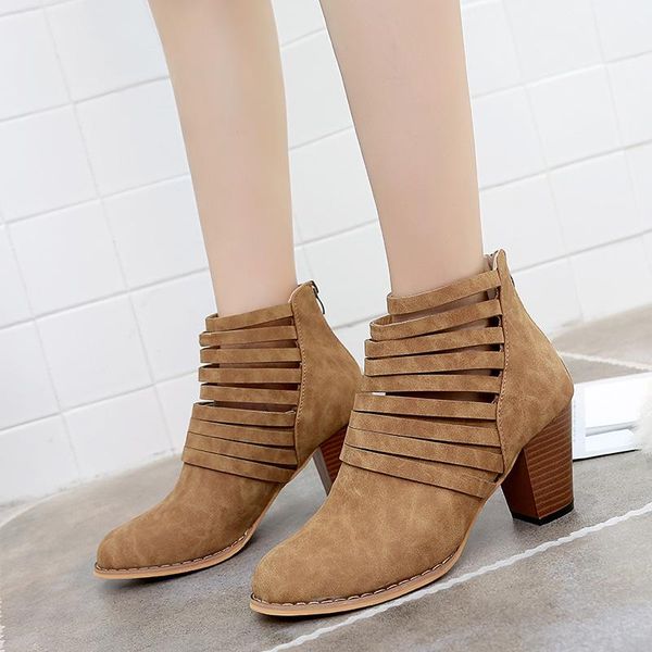 

boots fashion ankle pu women basic round toe high square heel vintage sewing narrow band solid big size shoes, Black